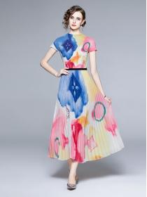 Stand Collars Fashion Print Drape 2 pcs Dress
