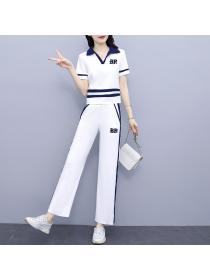 Fashion style casual sports wear female polo shirt+summer fashionable wide-leg pants two-piece set