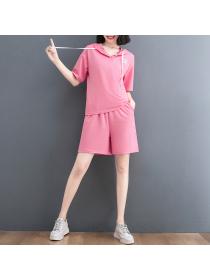 Pink Hooded Casual Sweater +Shorts Two-piece set