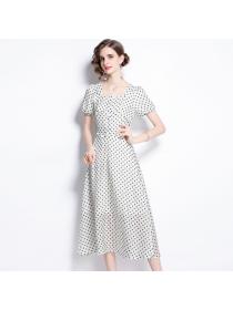 New style women's polka dot long dress short-sleeved slim mid-length dress