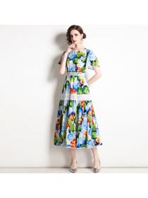 Real shot fashion puff sleeves European style ladies Print dress