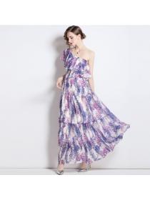 Summer seaside off-shoulder ruffle print dress
