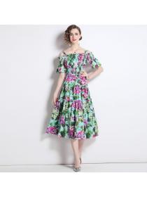 Vintage style Floral Print off shoulder neck Elastic Loose Waist Dress