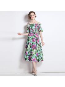 Vintage style Floral Print off shoulder neck Elastic Loose Waist Dress