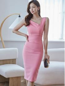 Korean style slim mid-length temperament slanted neck waist bag hip fashion dress