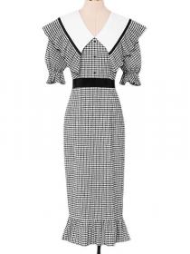 Temperament lantern sleeves slim fit plaid long dress fishtail dress