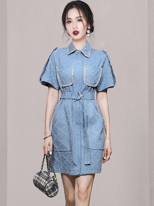Korean Style Bead Matching Slim Waist Dress