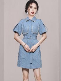 Korean Style Bead Matching Slim Waist Dress 