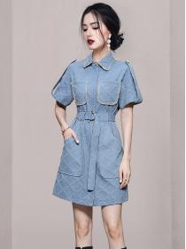 Korean Style Bead Matching Slim Waist Dress 