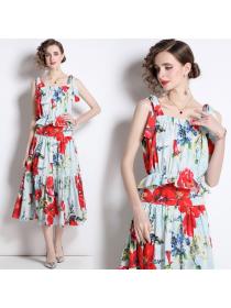 Summer European style matching Floral Loose waist Top+Skirt Two pieces set