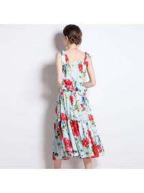 Summer European style matching Floral Loose waist Top+Skirt Two pieces set 