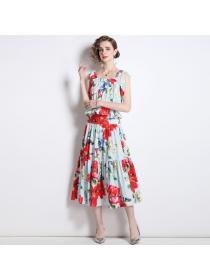 Summer European style matching Floral Loose waist Top+Skirt Two pieces set 