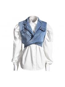 Autumn new two-piece short irregular denim vest puff sleeve shirt