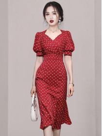 Temperament V-neck lantern sleeve print fishtail dress for women