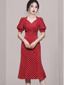 Temperament V-neck lantern sleeve print fishtail dress for women