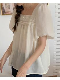 Square neck embroidered fairy yarn texture puff sleeve shirt