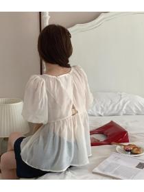 Square neck embroidered fairy yarn texture puff sleeve shirt