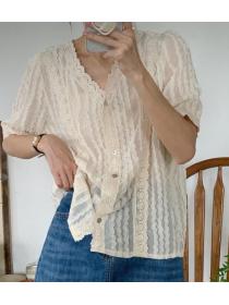 Korean Style   lace  craft stitching short-sleeved shirt