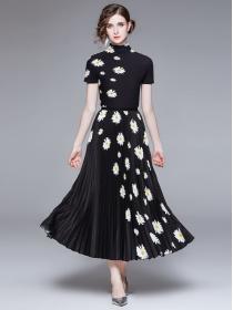 Fashion Style Floral Print Stand Collars 2 PCS Dress