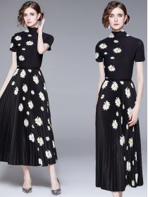 Fashion Style Floral Print Stand Collars 2 PCS Dress