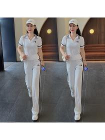Summer new fashion embroidery short sleeve top+stripe wide leg pants two-piece sports suit