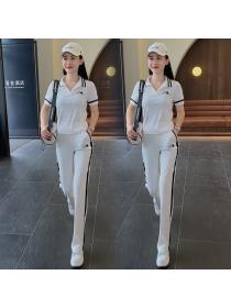 Summer new fashion embroidery short sleeve top+stripe wide leg pants two-piece sports suit