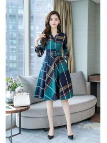 Korean style slim mid-length autumn plaid dress