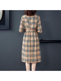 Korean style slim mid-length autumn plaid dress