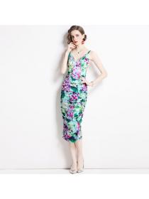 Spring/Summer New Women's Print Sling Backless Pleated Satin Stretch Tight Dress