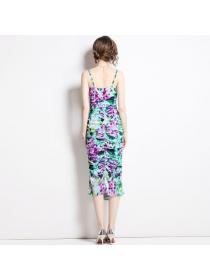 Spring/Summer New Women's Print Sling Backless Pleated Satin Stretch Tight Dress