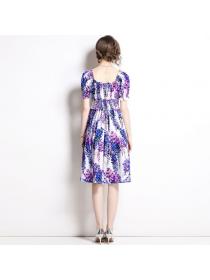 Floral print Square Neck Loose Waist Short Sleeve Midi Dress