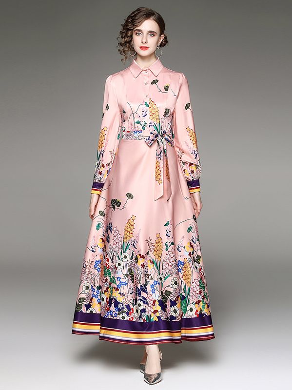 European fashion matching Slim waist Flower  Long dress