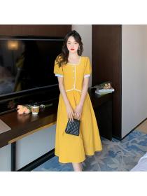 Summer new fashion style French short-sleeved square-neck top and skirt two-piece set