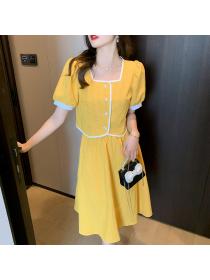 Summer new fashion style French short-sleeved square-neck top and skirt two-piece set