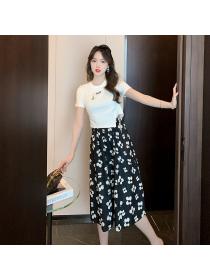 Summer new fashion style French short-sleeved Round-neck top and skirt two-piece set