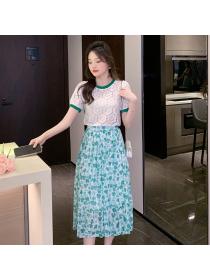 Fashion style Short Sleeve Top High Waist Lace Skirt Slim Two Piece Set