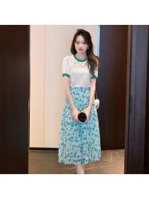 Fashion style Short Sleeve Top High Waist Lace Skirt Slim Two Piece Set