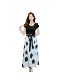 Fashion style Round neck T-shirt+ High Waist Dot print Skirt Slim Two Piece Set