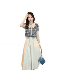 Lace Embroidery Short Sleeve Shirt Collar Top + High Waist Thin Skirt Two-piece Set