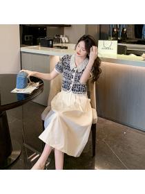 Lace Embroidery Short Sleeve Shirt Collar Top + High Waist Thin Skirt Two-piece Set