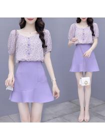Summer fashion Elegant style Chiffon shirt+Purple skirt Two piece set 