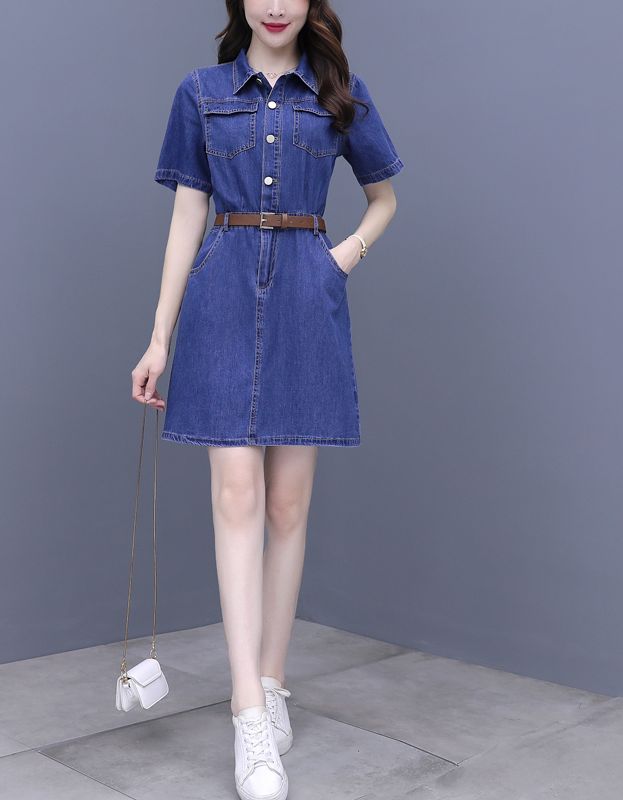 Korean Style Denim Solid Color Pinch Waist Denim Dress