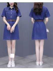 Korean Style Denim Solid Color Pinch Waist Denim Dress 