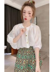 Puff Sleeves Round Neck Shirt Top Print Wide Leg Pants Suit Two Piece Set