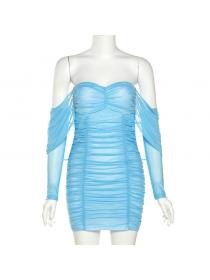 Outlet hot style Summer new Blue Off shoulder neck Mesh Hip-full dress