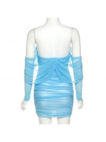 Outlet hot style Summer new Blue Off shoulder neck Mesh Hip-full dress