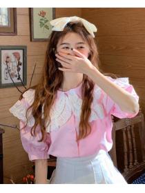 Sweet Double Doll Collar Fungus Edge Lace Puff Sleeves Blouse 