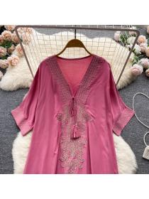 Summer clothes embroidered cotton and linen loose  mid-length V-neck lace-up dress