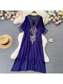 Summer clothes embroidered cotton and linen loose  mid-length V-neck lace-up dress