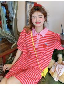 Korean POLO Neck Age-Reducing Loose Striped Strawberry T-Shirt Dress